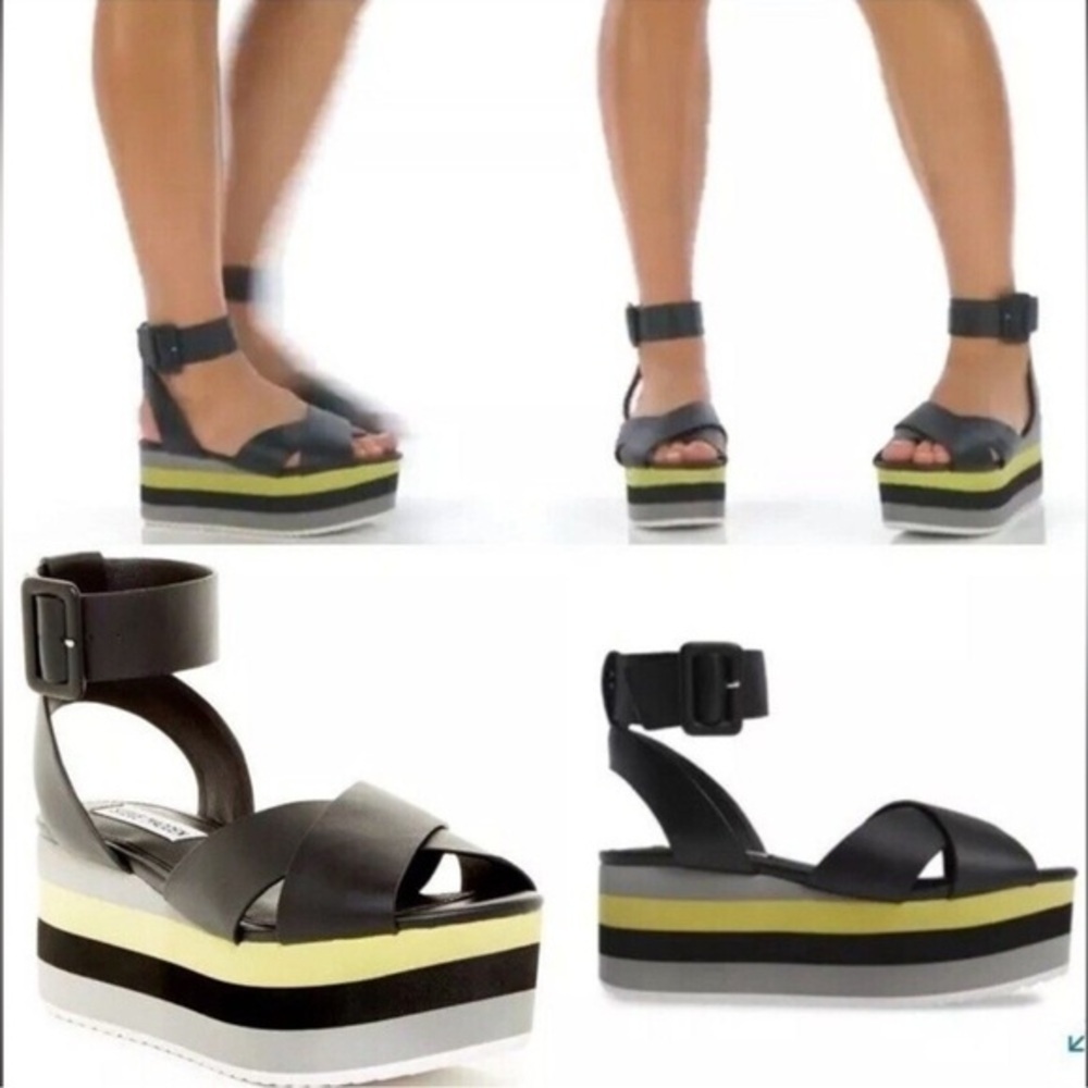 Steve Madden Macer Platform Sandals Black Yellow Chunky Size 9.5 - Picture 2 of 16